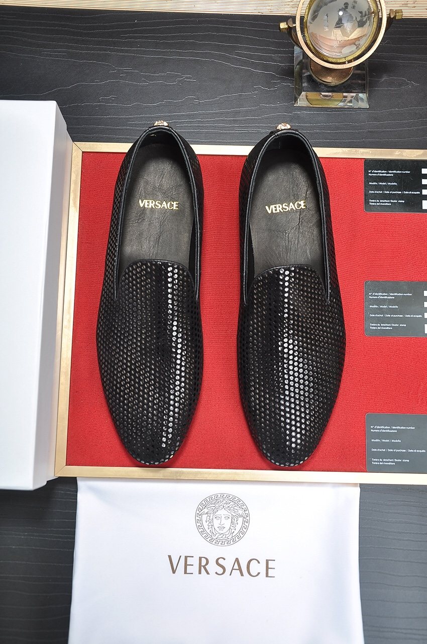 Versace Textured Black Slip-On Shoes — front