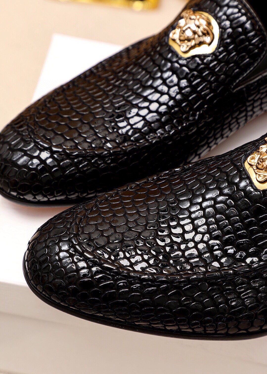 VERSACE Black Textured Slip-On Shoes — detail